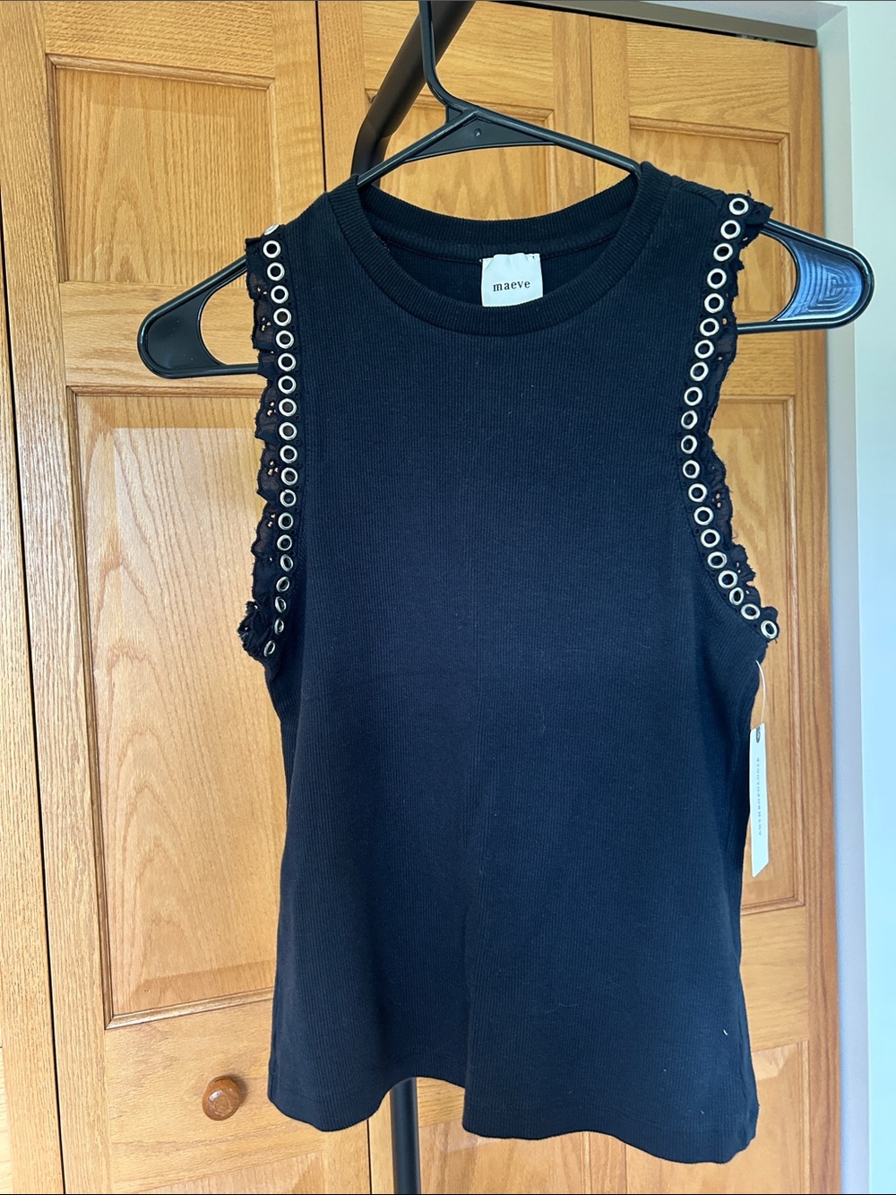 Maeve Black Eyelet-Trim Ribbed Tank